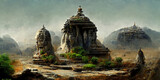 Panoramic landscape of an ancient temple in the mountains, the remains of a lost civilization. 3d illustration