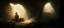 Panorama Of A Cave Hidden Inside A Mountain, Sunlight Breaks Through Holes In The Wall. 3d Illustration