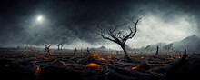 Devastated Scorched Earth In The Valley, Burnt Trees, Burnt Vegetation And Grass. 3d Illustration