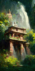Fototapete - large temple on a platform stretching over the mountains, an amazing blooming oasis. 3d illustration