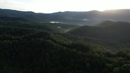 Wall Mural - Drone shot of Blue Ridge Mountains and the Pisgah National Forest, North Carolina at sunrise