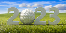Golf 2023. New Year Number With Golfball On Lawn Field Sport Terrain