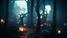 Realistic Haunted Forest Creepy Landscape At Night. Fantasy Halloween Forest Background. Digital Art.