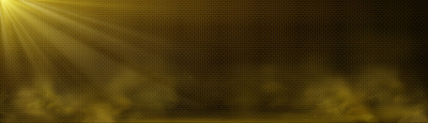 Wall Mural - yellow smoke and sun rays on transparent background. fog clouds with shiny beams, dust spray, water 