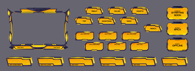 Poster - Game stream overlay, ui frame with yellow neon glow. Twitch streaming screen, gamer username menu panels and buttons. Template for esport, online live video, digital user interface, Cartoon vector set