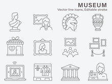 Museum Icon Set. Collection Of Exhibition Hall, History, Antique, Gallery And More. Vector Illustration. Editable Stroke.