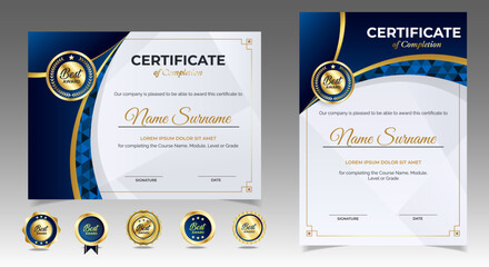 Wall Mural - certificate of appreciation template, gold and blue color. clean modern certificate with gold badge.