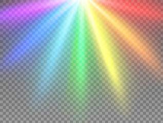 rainbow rays on transparent background, light beams of color spectrum, vector lens flare effect. mag