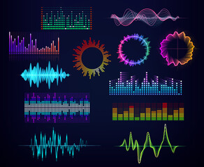 Poster - Audio equalizers and sound waves, neon circles and round glows, vector icons. Sound equalizer and voice assistant or recognition app soundwave icons with neon colors for music player