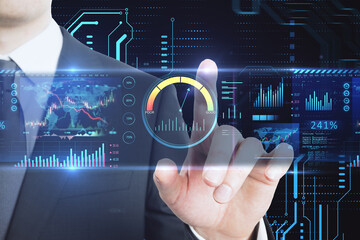 Aufkleber - Close up of businessman hand pointing at high-tech sensor circuit board panel hologram with business chart. Technology, finance and digital communication concept on dark background. Double exposure.