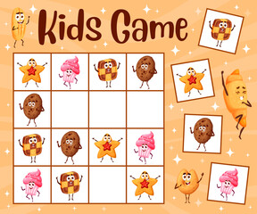 Poster - Sudoku game worksheet, cartoon bakery and cookies characters, vector kids puzzle. Sudoku riddle grid to find and match pastry croissant, cupcake muffin and chocolate brownie with biscuit