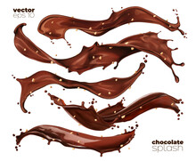 Chocolate, Cocoa And Coffee Milk Waves, Flow And Splashes With Peanut. Isolated Vector Dessert Swirl Drink Or Flow Stream With Nuts And Splatters. Realistic Brown Chocolate With Crumbled Nuts