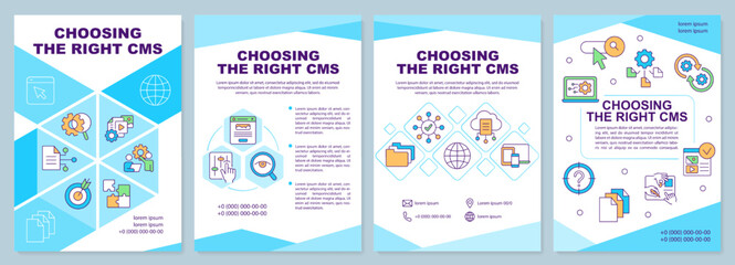 Choose right content management system cyan brochure template. Leaflet design with linear icons. Editable 4 vector layouts for presentation, annual reports. Arial-Black, Myriad Pro-Regular fonts used