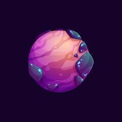 Poster - Cartoon galaxy space planet with mountain craters surface. Space comic planet GUI vector icon with rocks, canyons and sand desert. Alien galaxy artificial or fantastic world
