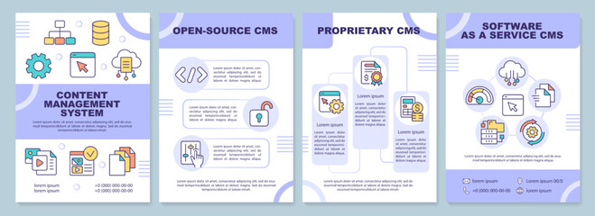 Content management system types purple brochure template. Leaflet design with linear icons. Editable 4 vector layouts for presentation, annual reports. Arial-Black, Myriad Pro-Regular fonts used