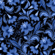 Leinwandbild Motiv Floral seamless pattern in Ukrainian folk painting style Petrykivka. Blue flowers and leaves on a black background