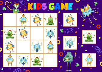 Poster - Cartoon funny robots, sudoku kids game worksheet and vector tabletop board game. Sudoku puzzle or find and match riddle game with robotic droids, android cyborgs and space bots