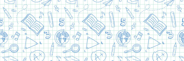 school seamless background. education, science concept. back to school pen doodles seamless pattern.