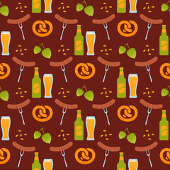 Wall Mural - Oktoberfest seamless pattern with beer, pretzel and sausage. Octoberfest background texture. Germany traditional wallpapers. Bavarian prints. Color Vector illustration