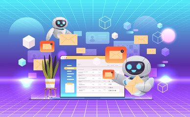 Poster - robots reading or writing letters on laptop screen robotic character communicating on computer email messaging