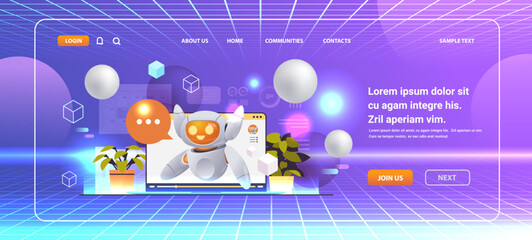 Poster - cute robot cyborg with chat bubble on laptop screen modern robotic character artificial intelligence