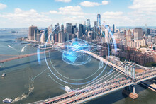 Aerial Panoramic City View Of Lower Manhattan. Brooklyn And Manhattan Bridges Over East River, New York, USA. Technologies And Education Concept. Academic Research, Top Ranking University, Hologram
