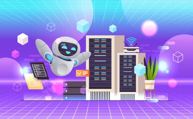 Poster - robot working in data center room hosting server computer monitoring information database artificial intelligence