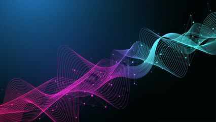 Fototapete - Flowing geometric abstract background with connected lines and dots. Connectivity flow point. Molecule and communication background. Graphic connection background for your design, illustration.
