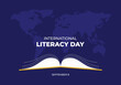 International literacy day banner poster with opened book and world map on blue color background.