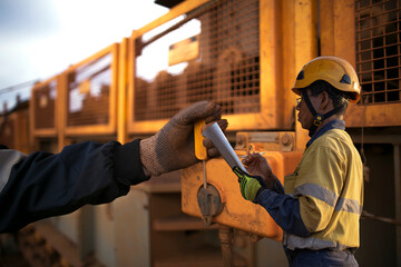 Auditor personal wearing safety helmet standing holding paperwork pen conducting safety inspecting emergency stop safety device system on conveyor belt immediately stopping running heavy machinery 