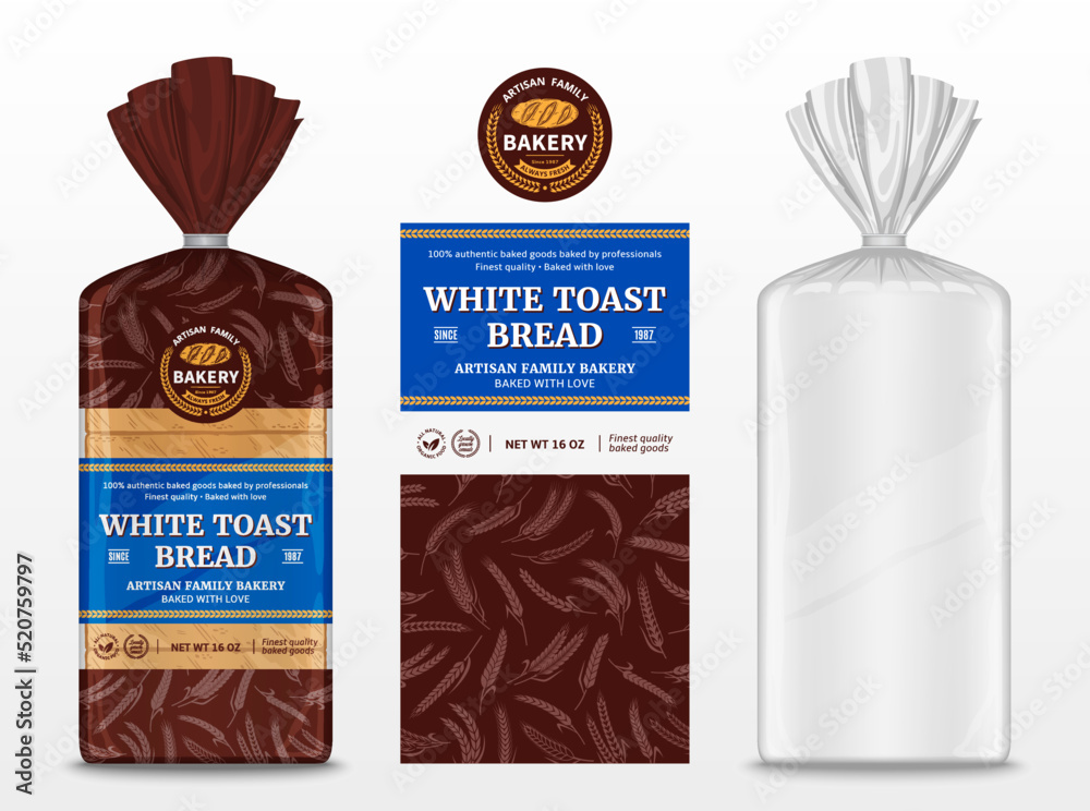 Vector bread packaging design. Transparent plastic bag packaging mockup