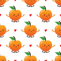 Wall Mural - Cute relaxing, meditating peach fruit characters and hearts vector seamless pattern background.
