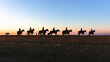 Horses Riders Silhouette Training Track Morning Dawn Sky Panoramic Landscape.