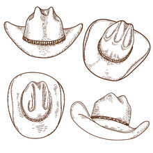 Cowboy Hat. Vector Hand Drawn Set Illustration Cowboy Hats Isolated On White Background.