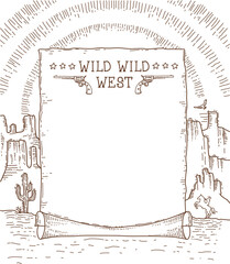 Wall Mural - Wild West paper for text. Vector cowboy western hand drawn doodle background with American canyon desert and cactuses