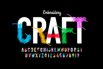 Wall Mural - Embroidery craft font design, alphabet letters and numbers vector illustration