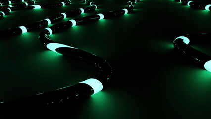 Wall Mural - 3d cables with neon stripes. design. energy flows in black computer cables. neon streams of energy m