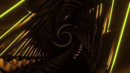 Poster - Movement in spiral with structure and neon stripes. Design. Futuristic 3d spiral with neon stripes. Dark spiral in style of spaceship with twist