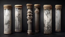 Ancient Roman Columns, Marble Baroque Architecture.  Antique Column On White Background. 3d Artwork