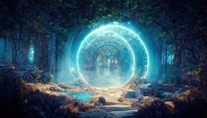 A magical, fantastic dense green forest. A blue neon portal is visible between the trees. Fabulous illustration. 3d render