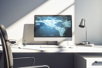 Poster - Abstract digital world map with connections on modern computer monitor, big data and blockchain concept. 3D Rendering