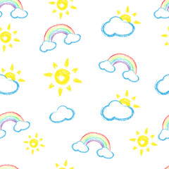 seamless pattern with chalk clouds and rainbows. doodle kids pattern with clouds, sun and rainbows. 