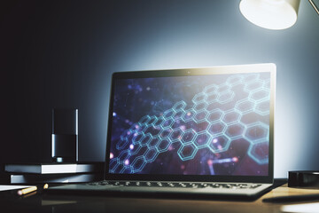 Poster - Modern computer monitor with technology hologram with hexagon. Research and development software concept. 3D Rendering