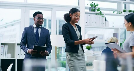 Aufkleber - Handshake, meeting and successful managers welcoming, promoting or agreeing with talking corporate colleague. Diverse team of confident professionals walking, collaborating or showing office teamwork
