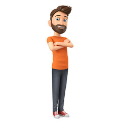 Sticker - Cartoon character in an orange t-shirt crossed his arms on his chest on a white background. 3d rendering illustration.