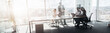 © Yaroslav Astakhov - Creative business people working on project in modern office with panoramic view. Blurred background