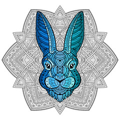 Wall Mural - Rabbit head line art coloring. Hare bunny portrait. Line Art. Blue-green rabbit. Animal head on a patterned background. Hand-drawn with ethnic floral pattern. Boho, doodle style. Vector illustration. 