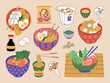 Set of ramen in bowls, chopsticks and souses. Different noodle packages and soup recipes. Traditional popular asian hot meal. Hand drawn color vector illustration. Modern flat cartoon style