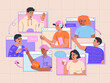 © Alice - Online video call. Web communication, virtual conference. Group of men and women have business or friend meeting. Hand drawn color vector illustration isolated on light background, flat cartoon style