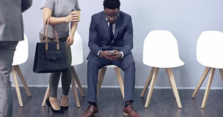 Aufkleber - Diverse group of business people applying for a job at an agency. Professional candidates sitting in a row, waiting for an interview. Ambitious workers in line for a vacant position at a company